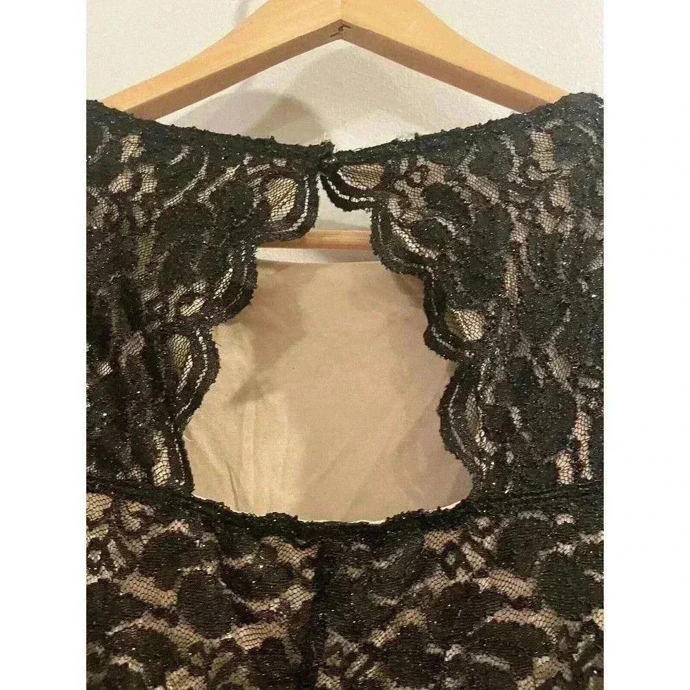 Vintage Black Mini Dress Lace Nude Cocktail Party Fitted Bodycon Midi Sparkle - Picture 5 of 5